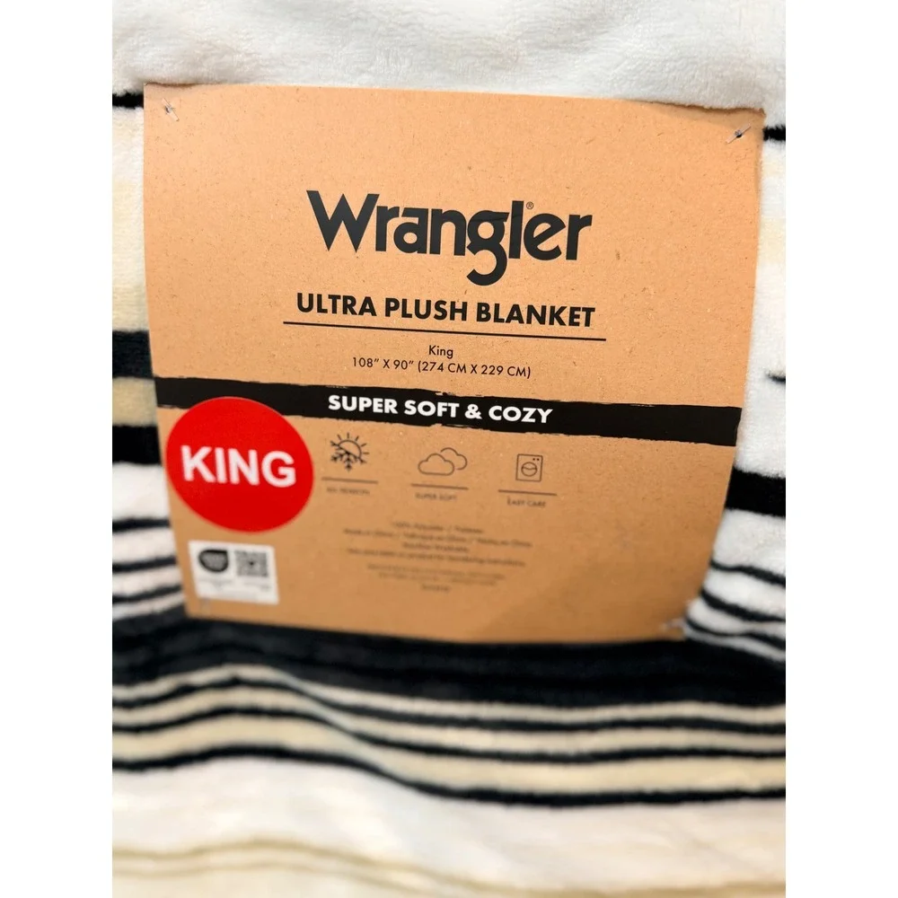 Wrangler Ultra Plush Blanket King Size Southwestern Stripe Cream Black Tan NEW